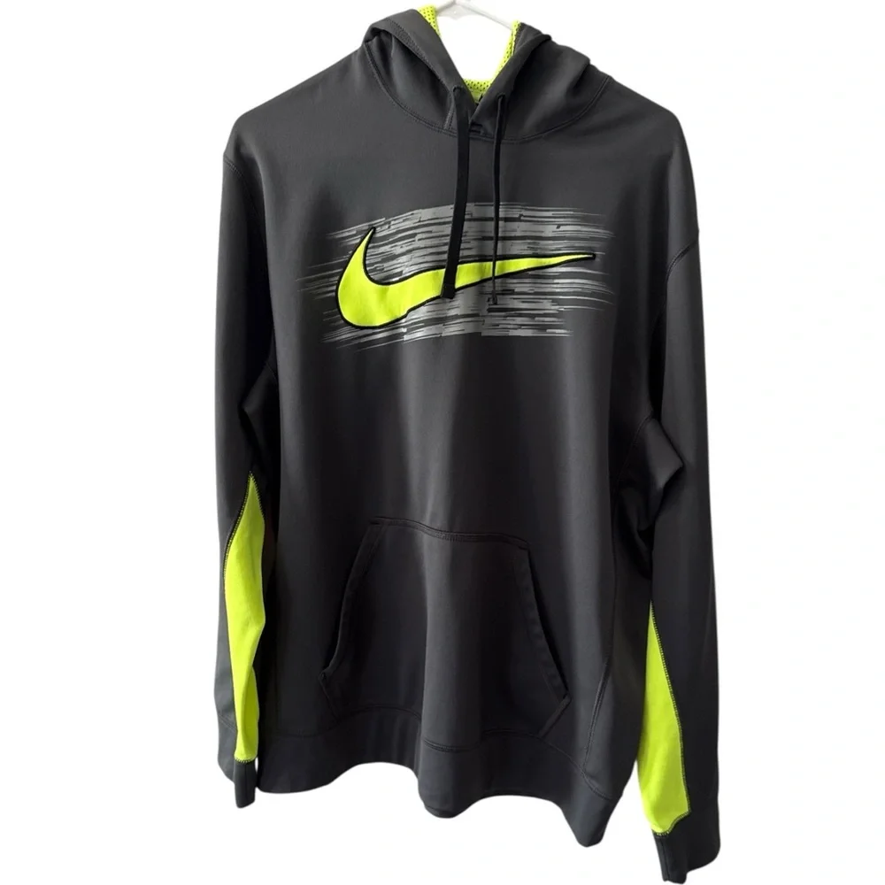 Nike Men’s Therma-Fit Hooded Fleece Sweatshirt Gray & Neon Green Accent, SZ L. - Picture 1 of 12